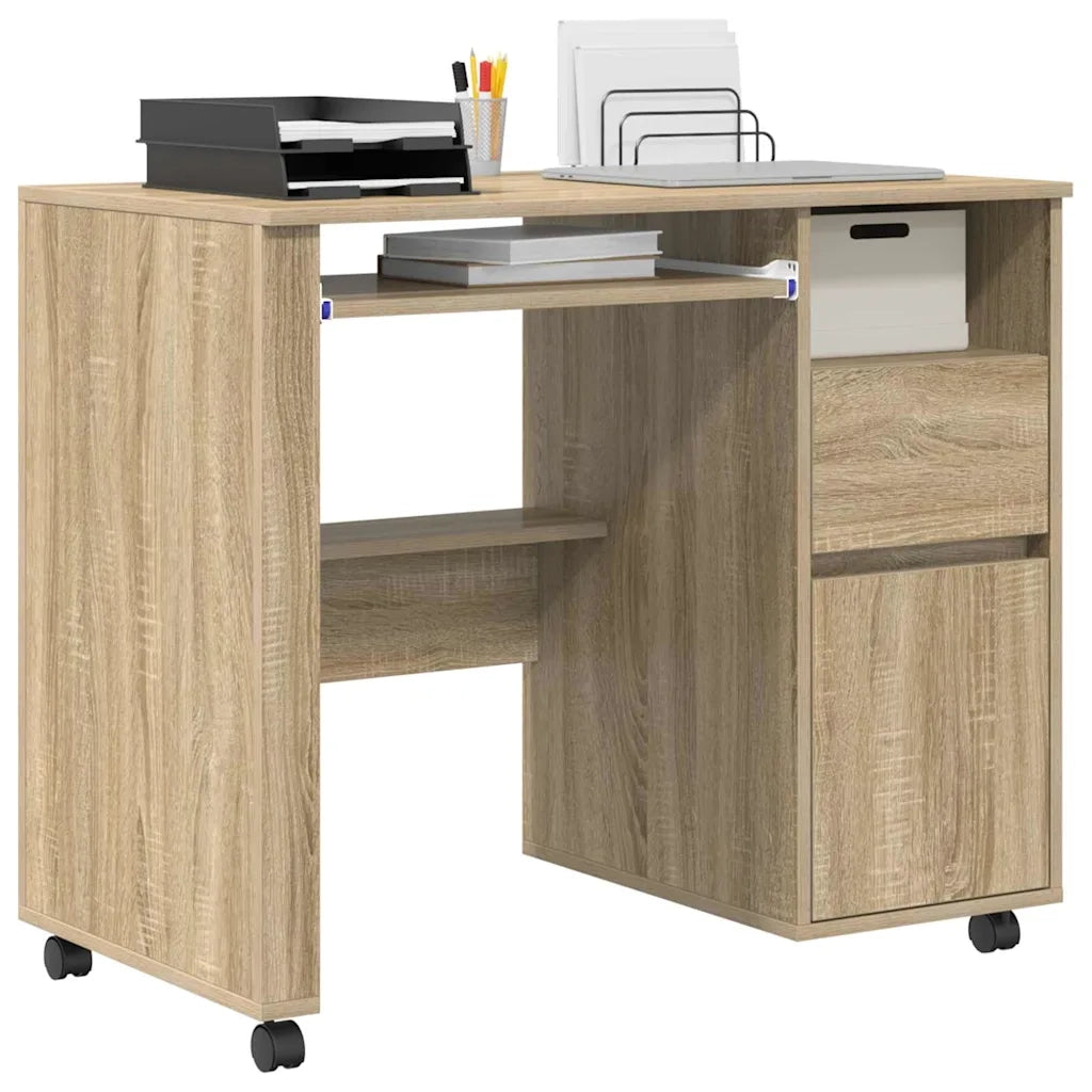 Scrivania | Tavolo da Ufficio con Ruote con cassetto Rovere Sonoma 91 x 50 x 77 cm