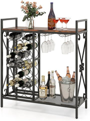 Portabottiglie da Terra per 21 Bottiglie, Portabottiglie da Vino con Supporto per Bicchieri, Piano in Legno e Mensola per Stoccaggio, Struttura Metallica，per Cucina e Bar (Marrone)