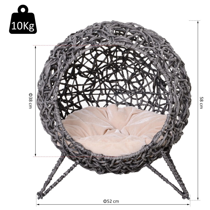 Casetta per gatti in rattan con cuscino, cuccia, grotta per gatti con piedini rialzati, grigio argento, ?52 x 58 cm
