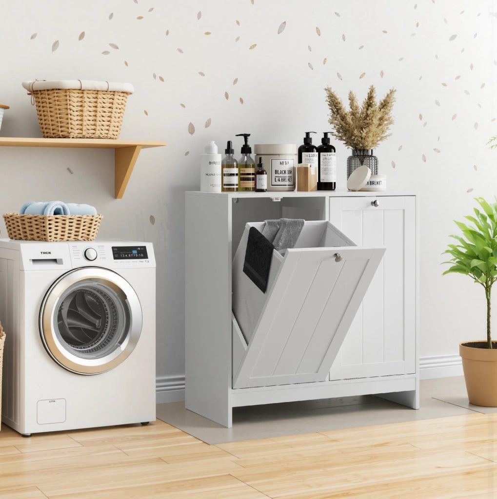 Armadio portabiancheria con 2 cesti rimovibili; struttura stabile in MDF e pannello truciolare; bianco