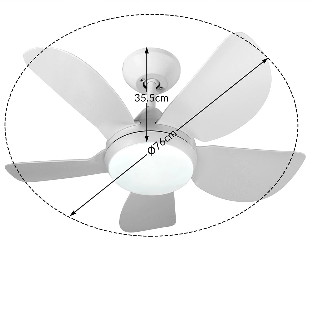 Ventilatore da Soffitto 5 Pale Lampada con Luce LED e Telecomando 76 cm Bianco