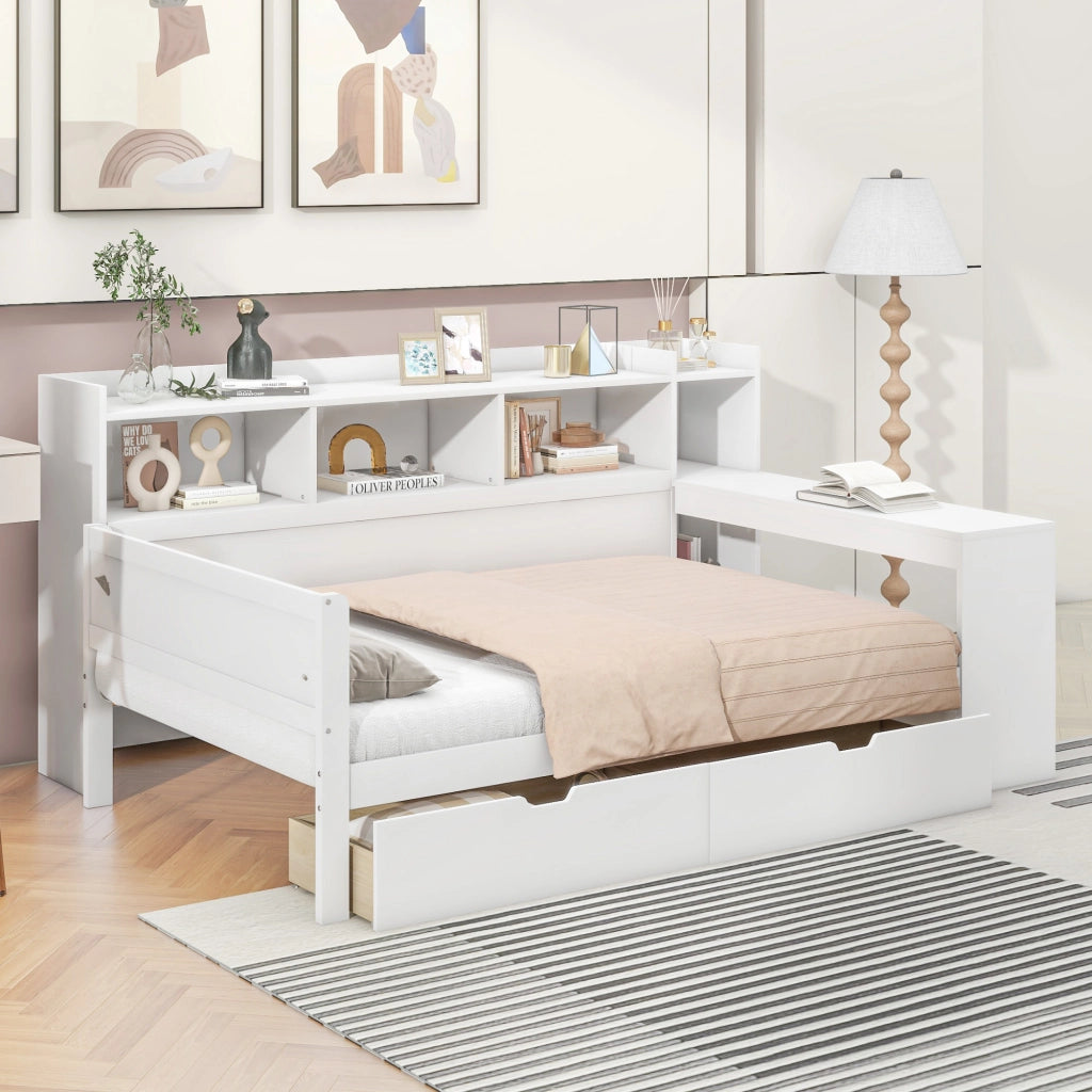 Letto singolo 90×200 cm con scrivania; 2 cassetti; prese USB e vano portaoggetti; senza materasso; bianco