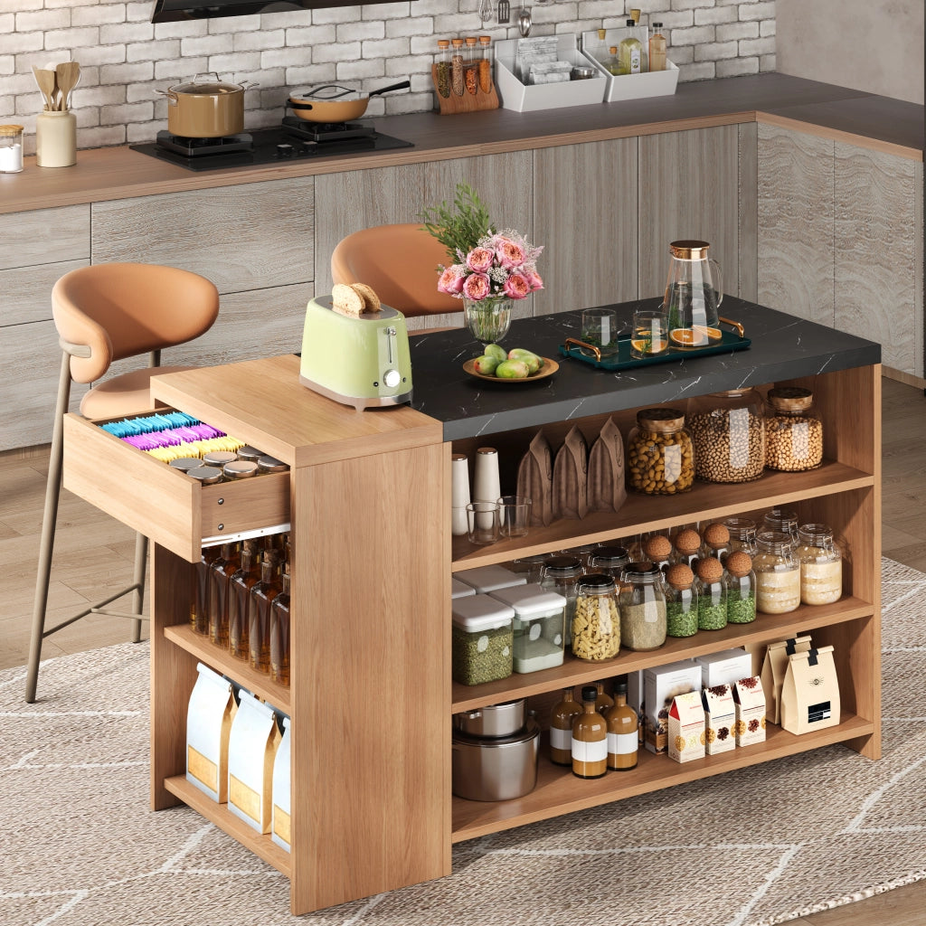 Tavolo da pranzo con ripiani e cassetto nascosto in MDF effetto marmo nero e rovere 140 × 60 × 90 cm