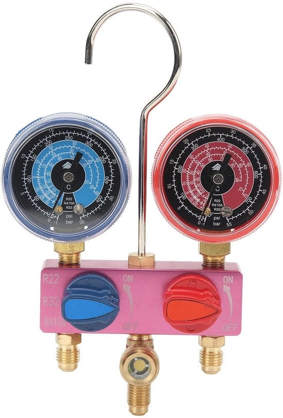 Manometro diagnostico - Strumento per climatizzazione - Adatto per R22 R32 R410A - Pulsante metallico - Utile per tecnici - Connettiore G1/4