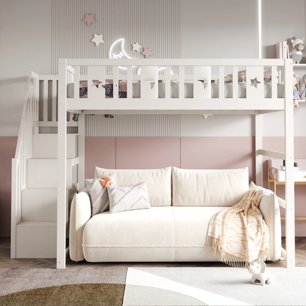 Letto a soppalco singolo 140×200 cm con scala; ripiani e barriera; senza materasso; legno massiccio; bianco