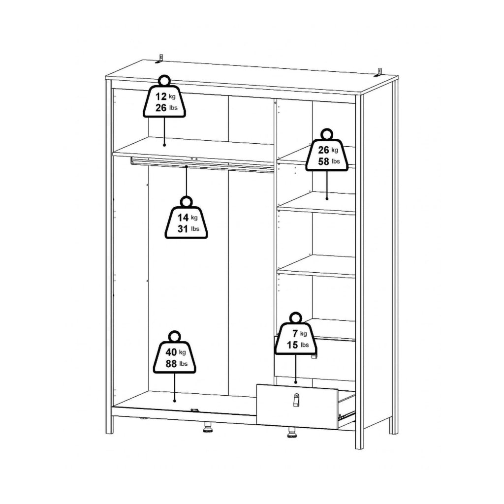 Guardaroba 3 ante Rufina, Mobile camera da letto, Cabina armadio portabiti, Armadio appendiabiti, 150x58 h199 cm, Bianco