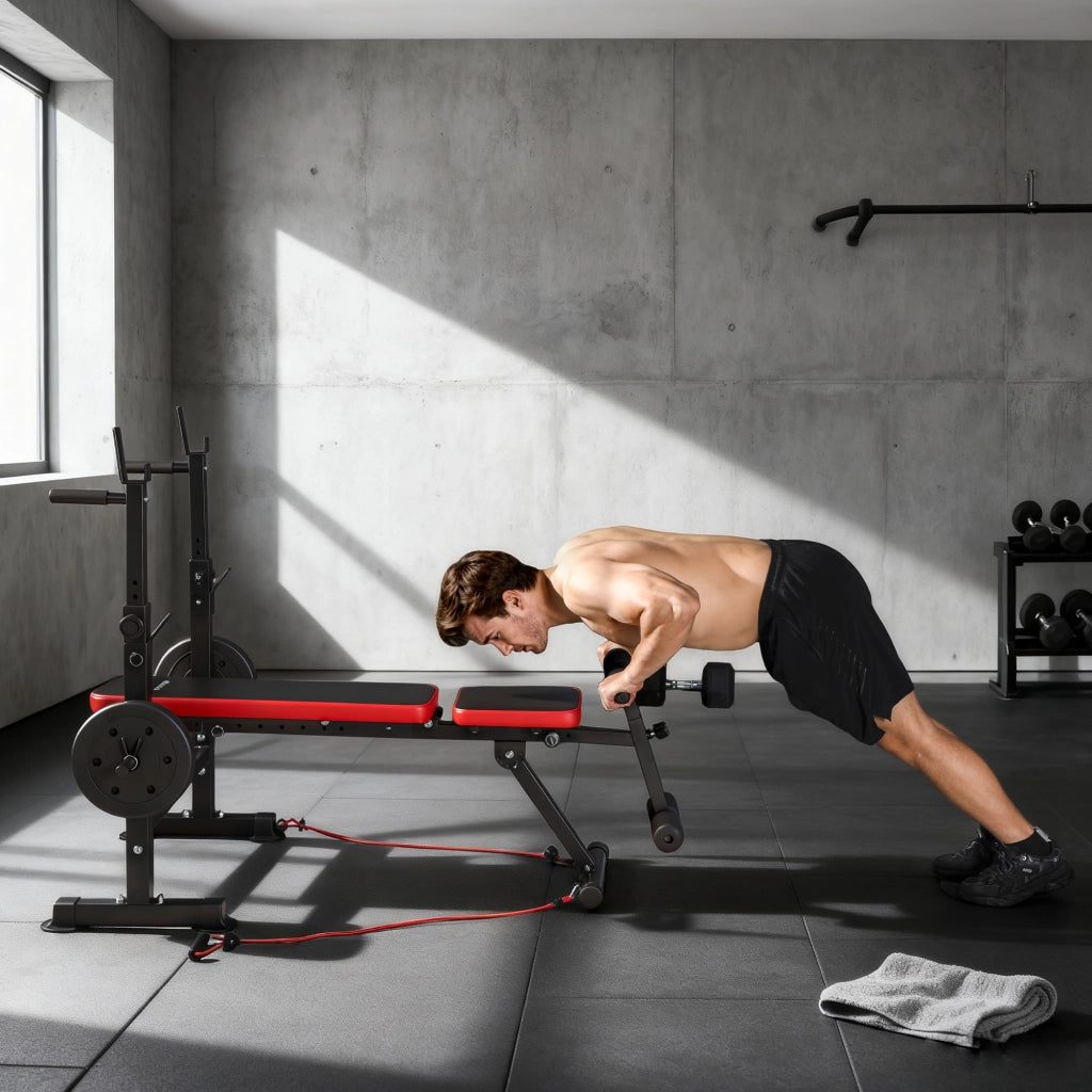 Panca multifunzione per allenamento ¨C Xylo ¨C con schienale regolabile e supporto pesi 147x109x122cm nero