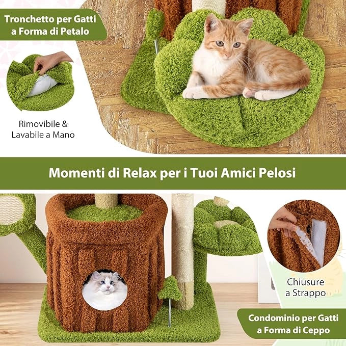 Albero per Gatti, Albero Tiragraffi per Gatto con Condominio Tronco, Trespolo a Fiore, Letto Imbottito, Pompom, Giocattolo a Molla e Piattaforme, Tiragraffi per Gatti da Interno
