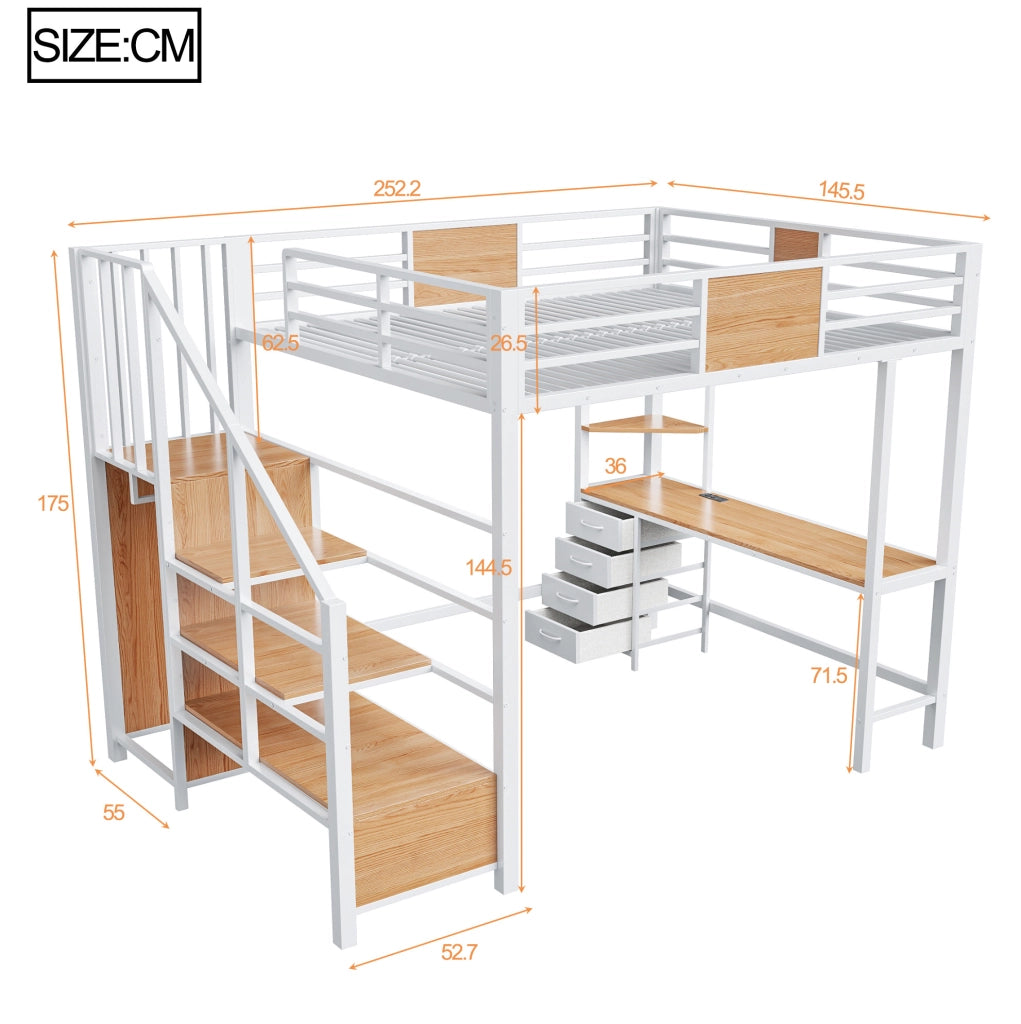 Letto a soppalco 140x200 con scrivania, ripiani, barra appendiabiti e LED