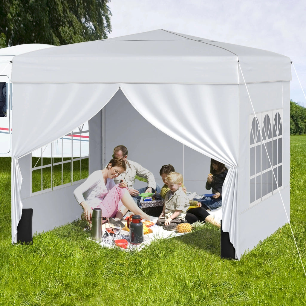Gazebo da giardino pieghevole con 4 pannelli laterali altezza regolabile borsa da trasporto, Gazebo da esterno impermeabile Bianco