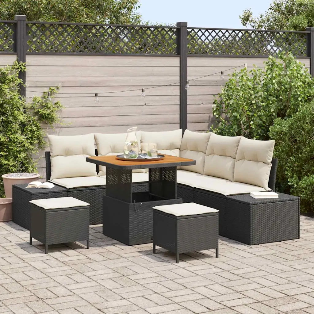 Set Divano da Giardino con cuscino 8 pcs Nero Poly Rattan