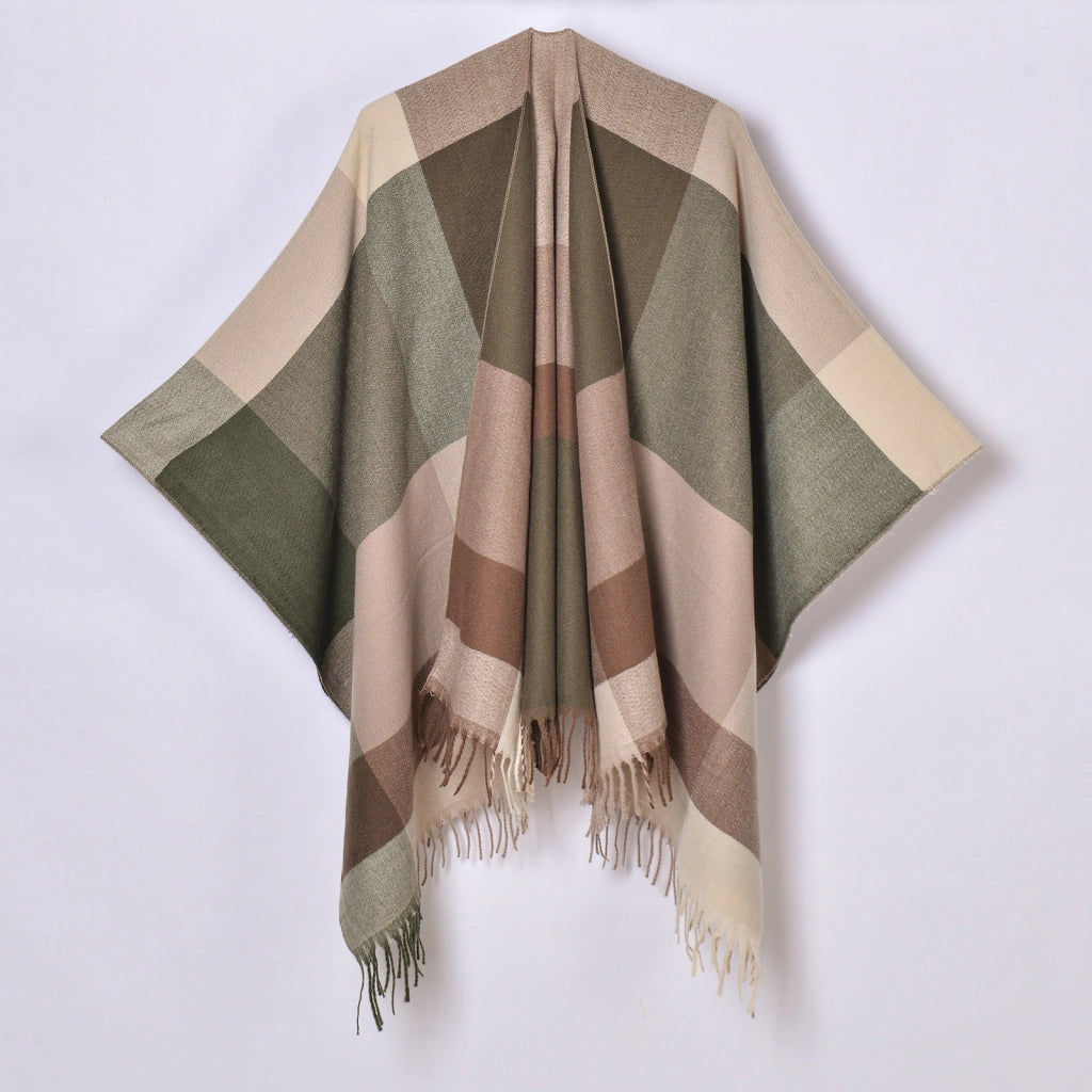 Nuovo scialle a quadri, cardigan/mantella da donna classico in jacquard con spacco e nappine, lavorato a maglia.