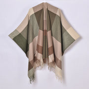Nuovo scialle a quadri, cardigan/mantella da donna classico in jacquard con spacco e nappine, lavorato a maglia.