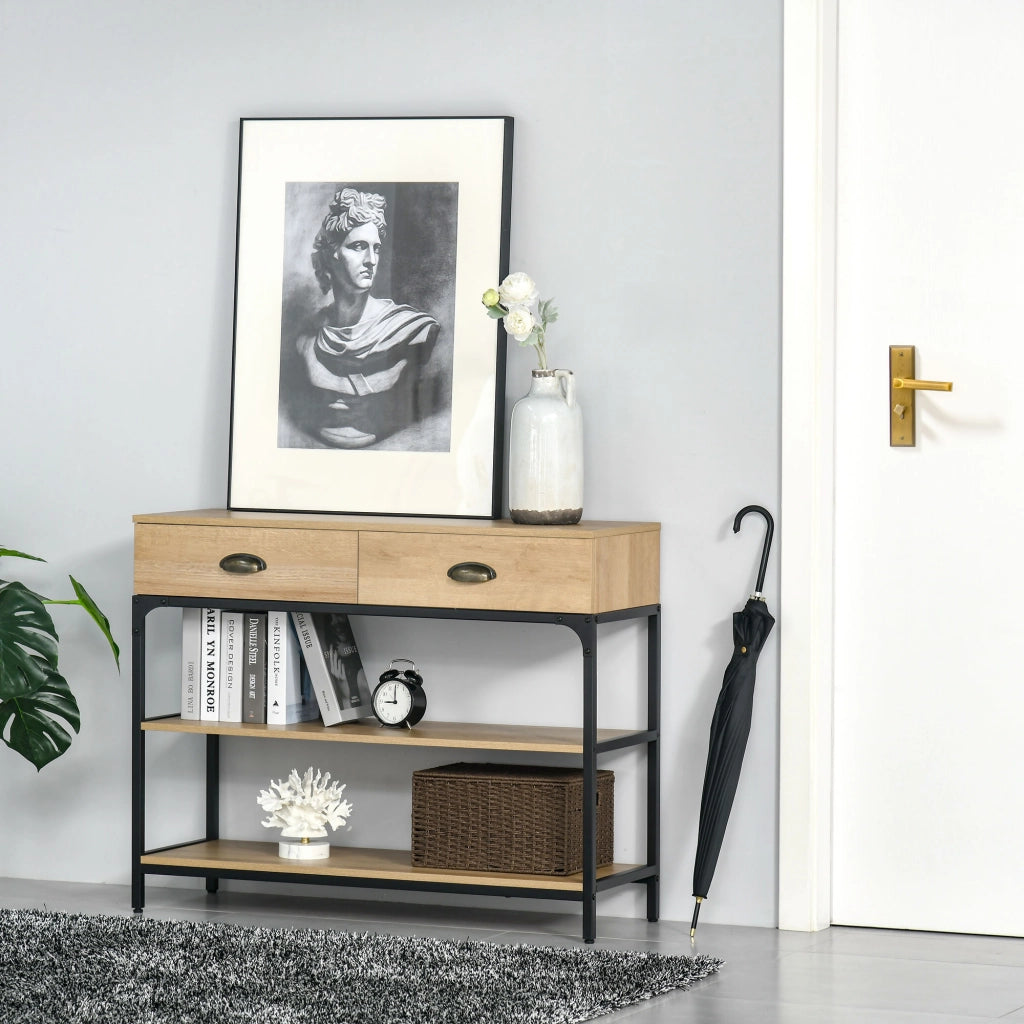 Consolle Ingresso con Cassetti e Ripiani ¨C Xylo ¨C Rovere Acciaio 100x35x79cm