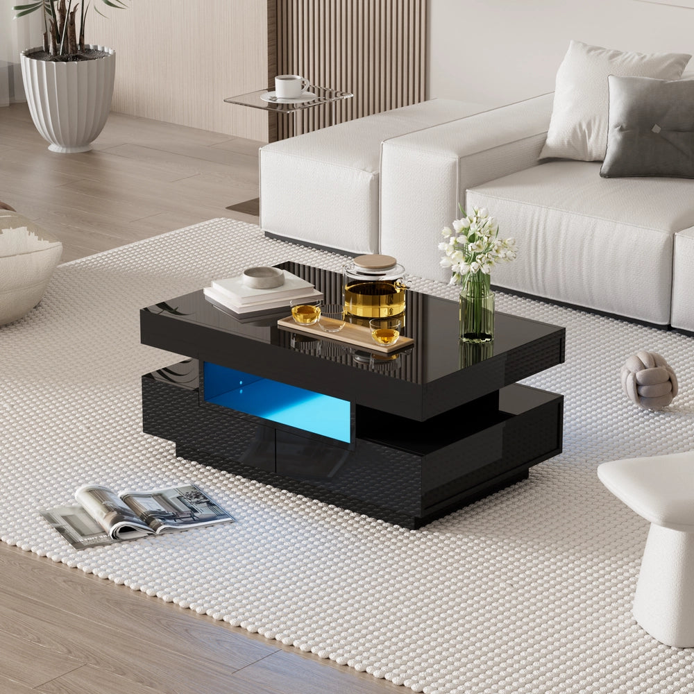Tavolino da Caff¨¨ con LED e Cassetti Lucido ¨C MINIMAL ¨C Nero/Bianco