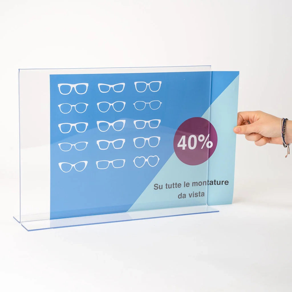Porta avvisi con base a T da banco Bifacciale - 1/3 A4