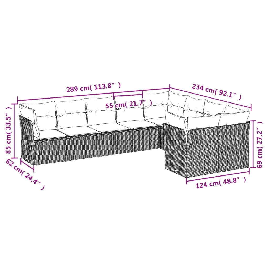 Set Divano da Giardino 9pz con Cuscini Grigio Chiaro Polyrattan