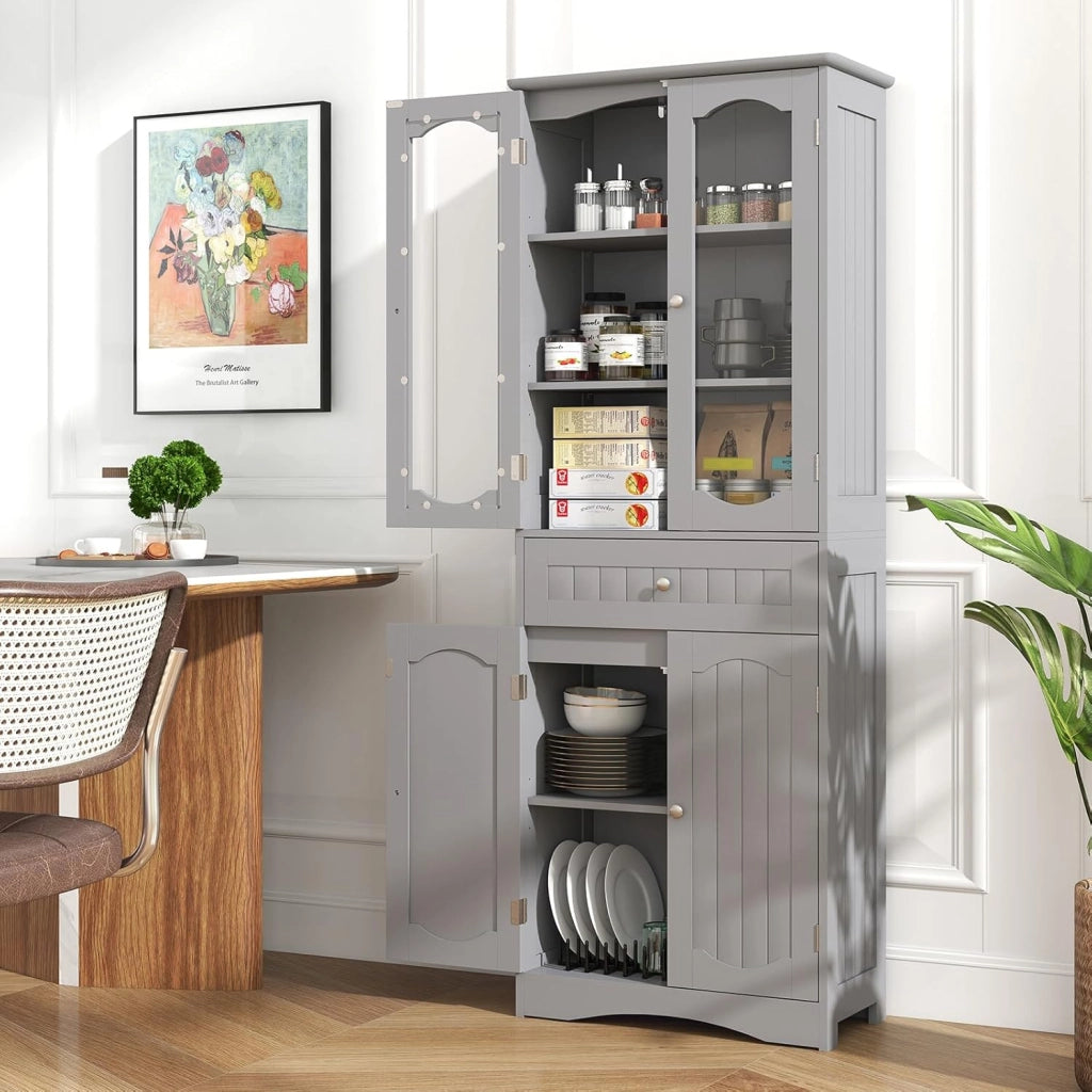 Armadietto Salvaspazio 60 x 30 x 160cm, Mobile Bagno con 2 Ripiani Regolabili, Cassetto e 2 Porte in Vetro Temprato, Armadio da Bagno per Ufficio, Soggiorno e Camera da Letto, Bianco (Grigio)