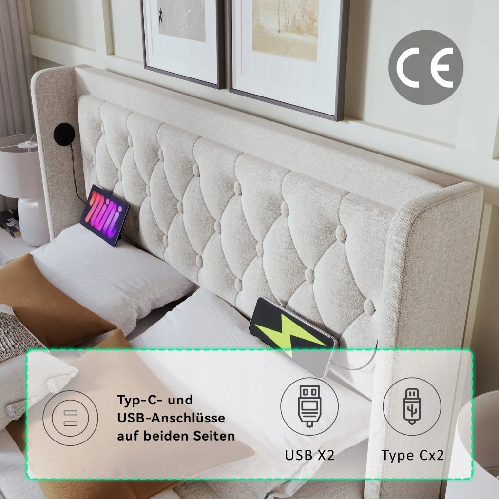 Letto matrimoniale 160x200 - Xylo - USB-C LED 3 lati beige