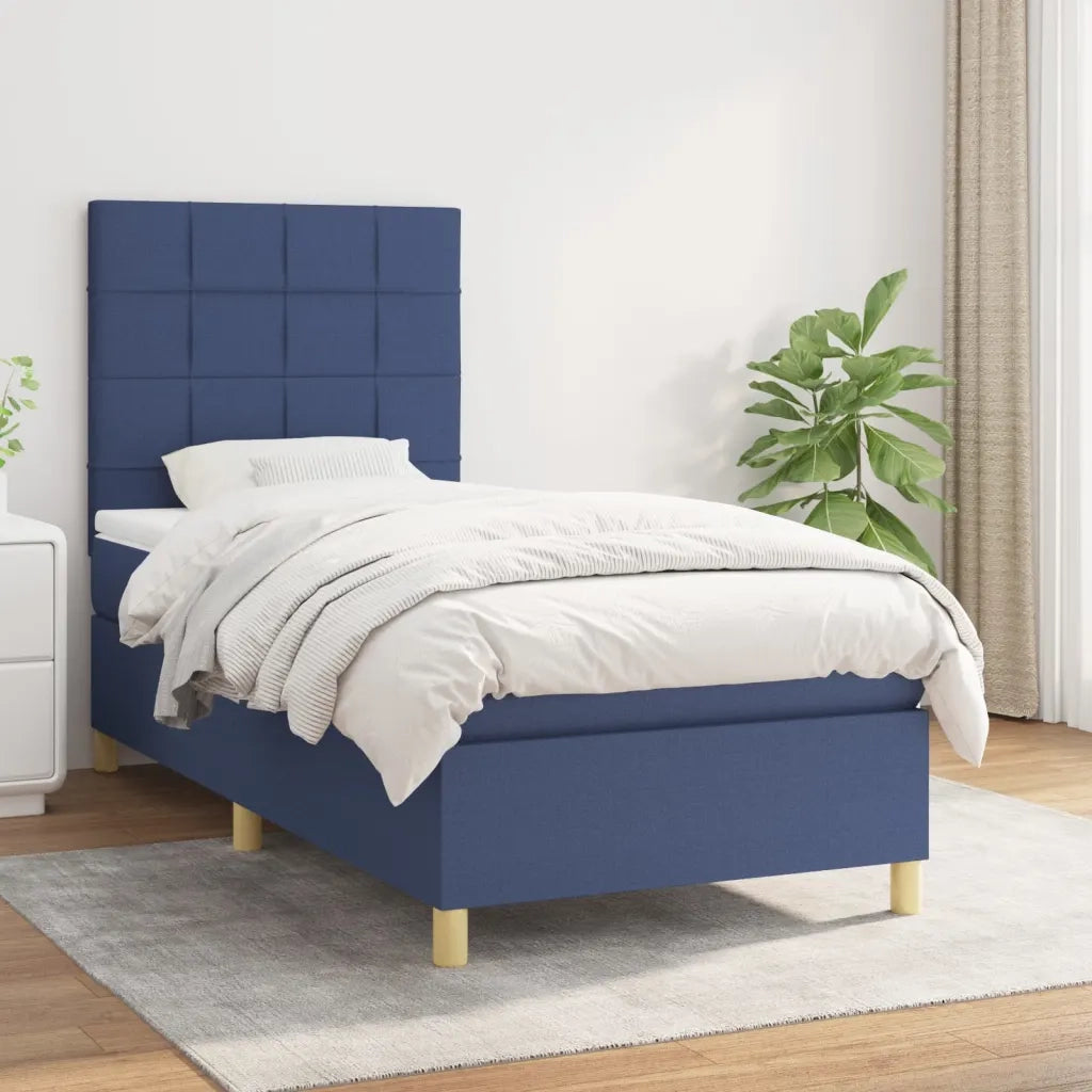 Letto singolo | Letto per adulti | Giroletto a Molle con Materasso Blu 90x190 cm in Tessuto