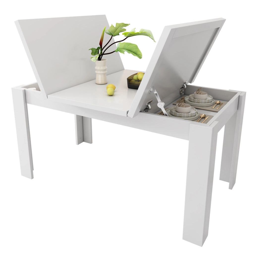 Tavolo da pranzo con vano contenitore nascosto e piano apribile in MDF bianco