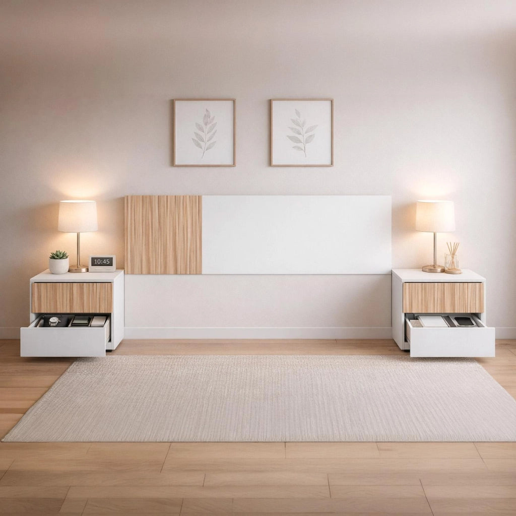 Testiera Matrimoniale Con Due Comodini Dotati Di Due Cassetti Design Scandinavo Con Fissaggio A Parete  160 Cm Bianco E Legno Naturale