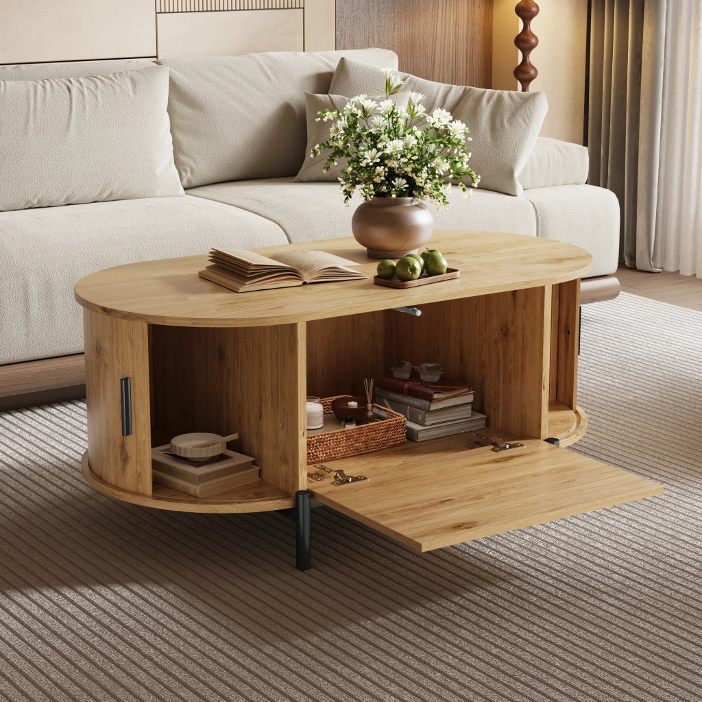 Tavolino da caffè ovale in MDF effetto legno naturale con ante in rattan e gambe in metallo nero, con vano contenitore