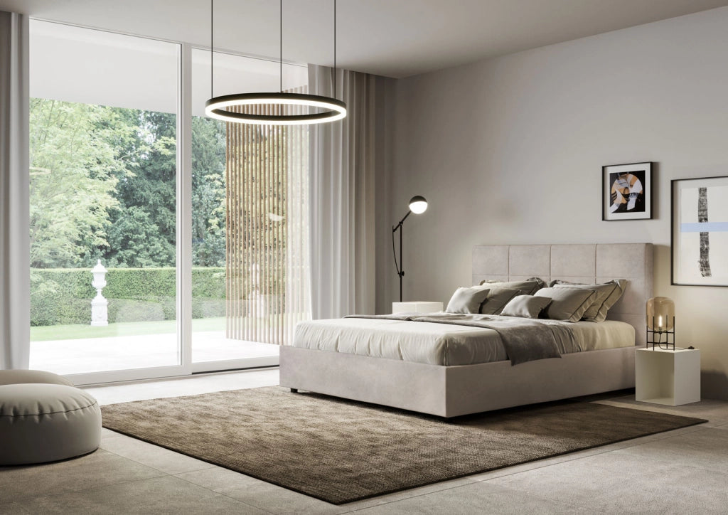 BS COM Letto matrimoniale contenitore doppia alzata imbottito 160x190 microfibra sabbia