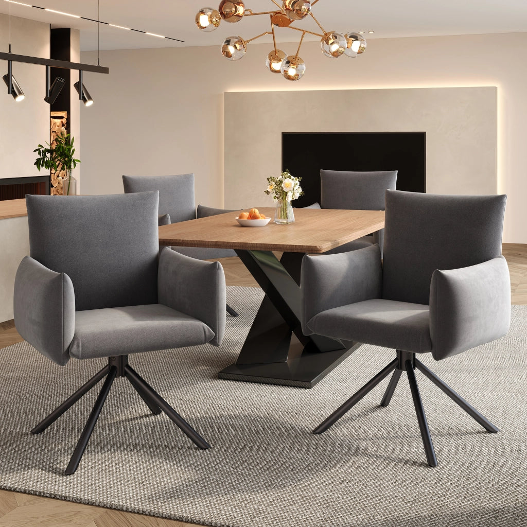 Set di 2 sedie da pranzo girevoli con braccioli; schienale ergonomico e base in metallo in velluto grigio