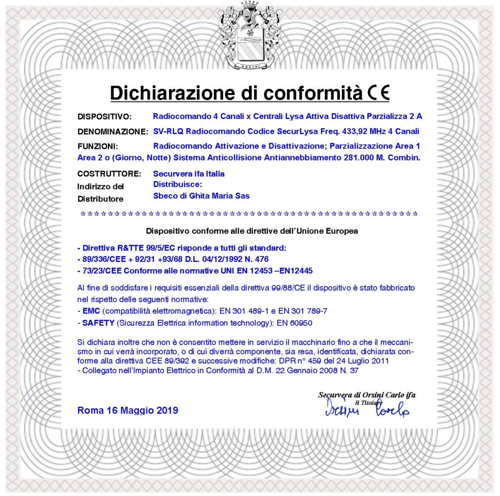 Telecomando 4 Canali Frequenza 433,92 MHz Per Inserimento e Disinserimento Totale e Parziale Sistema di Allarme Lysa64 e Lysa GSM Sydra Come Giorno Notte Rolling Code Anticollisione Antiannebbiamento