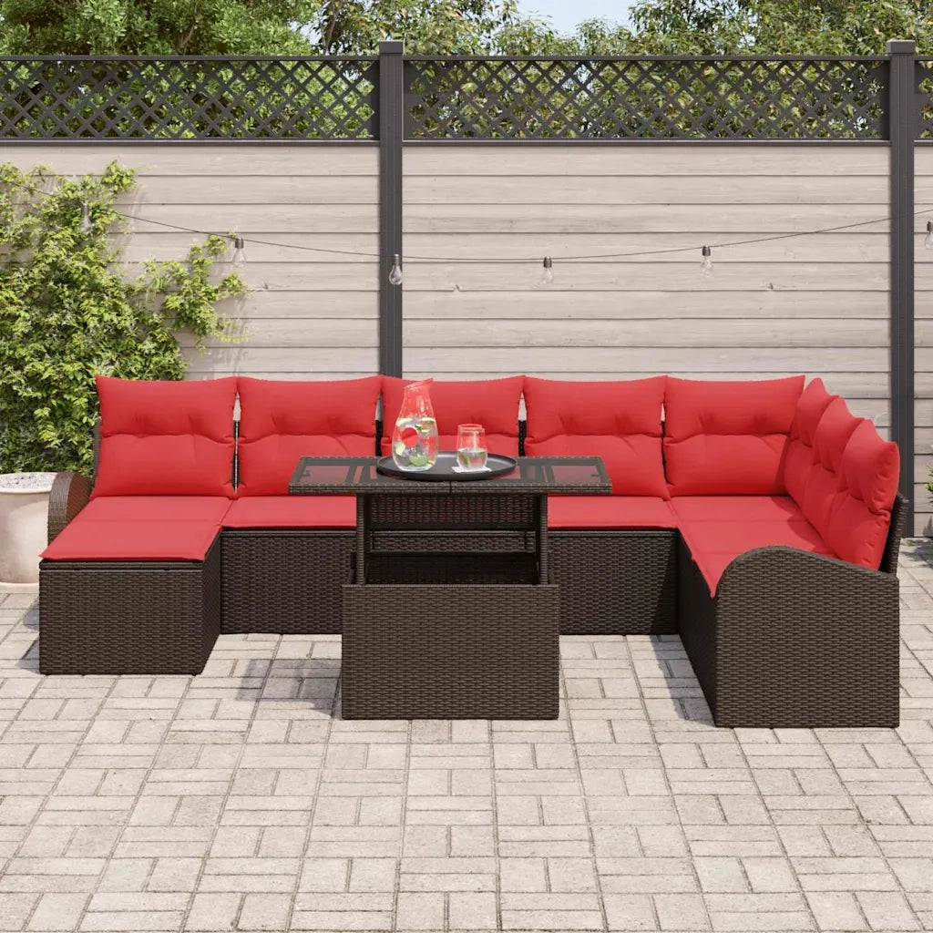 Set Divano da Giardino 9 pcs Marrone e Rosso polyrattan 3348700