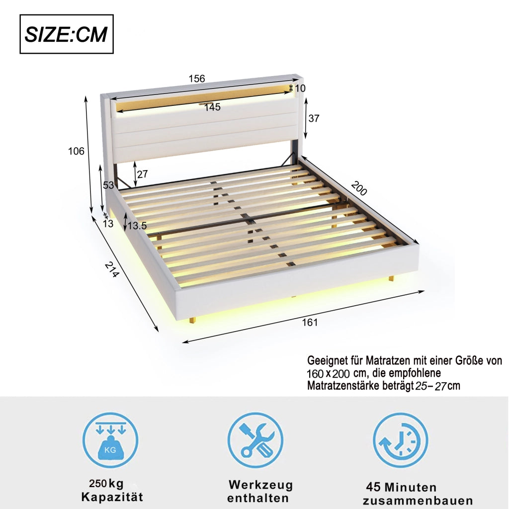 DESMIU Letto matrimoniale 160 × 200 cm con USB, LED regolabile, testiera reversibile e vano, senza materasso, beige