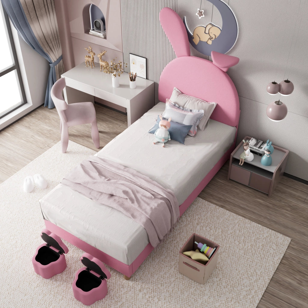 OKWISH Letto Bambini 90×200 cm, Letto Singolo con 2 Panche Contenitore, LED e Orecchie da Coniglio Pieghevoli, senza Materasso, Velluto Rosa