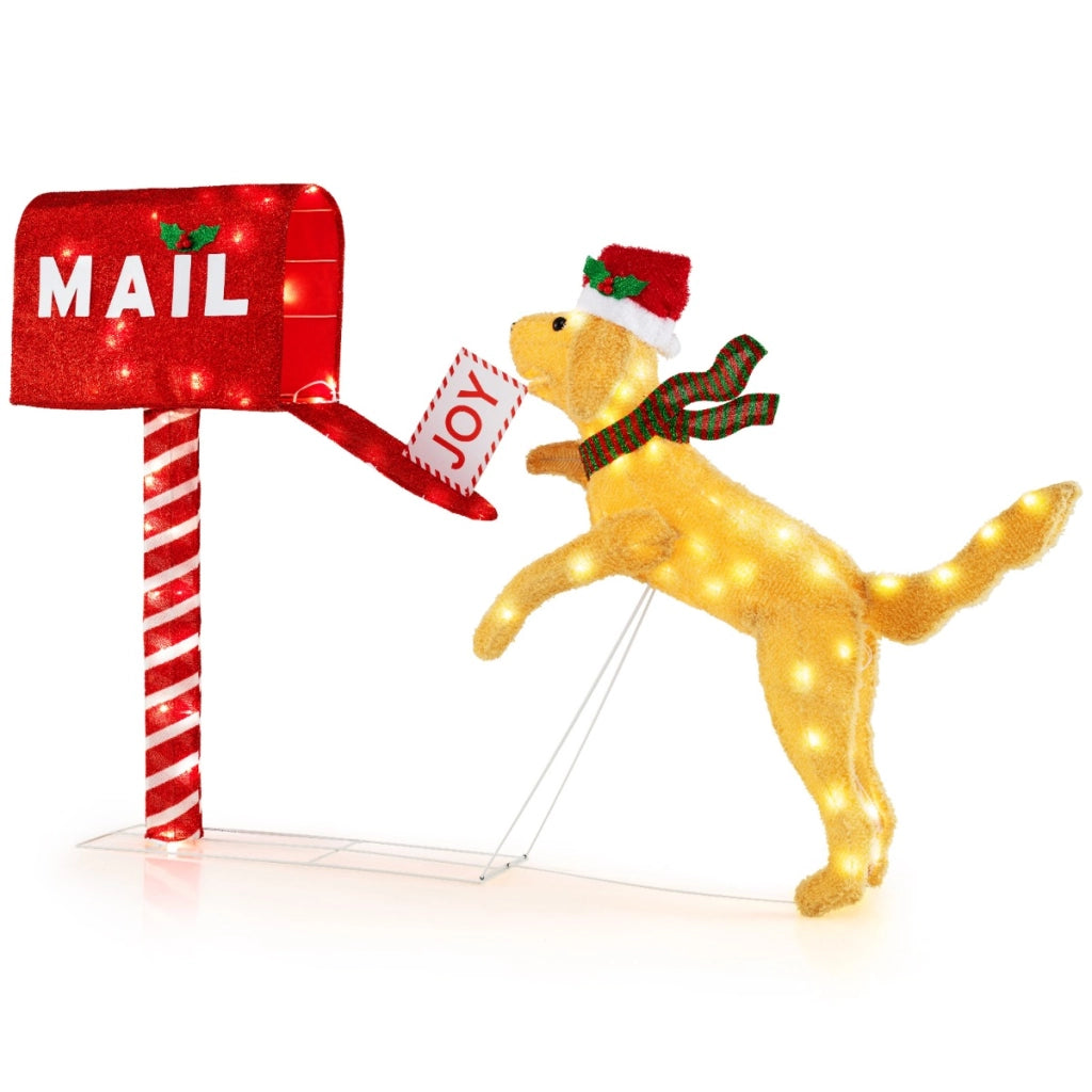 Cassetta postale natalizia e cane con 120 luci LED bianco caldo, Decorazione festiva pre-illuminata con fascette
