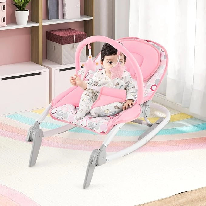 2-in-1 Sdraietta per Bambini, Sdraietta per Neonati Portatile con Schienale Regolabile a 3 Livelli, Sdraietta Pieghevole con Giocattoli, con Cintura di Sicurezza, per Bambini 0-6 Mesi (Rosa)