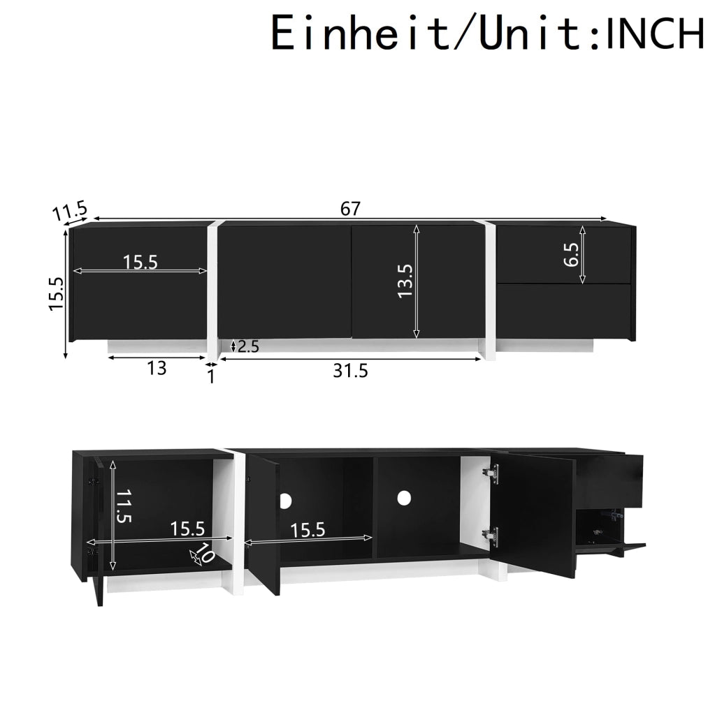 Mobile TV 170x30x39 cm con 3 ante; cassetto e anta a ribalta in truciolare nero e bianco