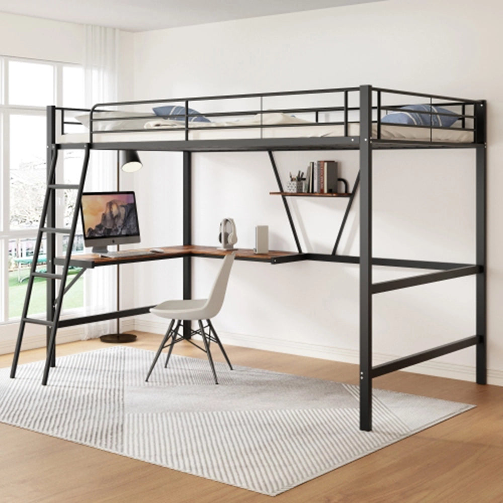 Letto a castello 90x200cm - Xylo - Nero con scrivania a L e scaffale