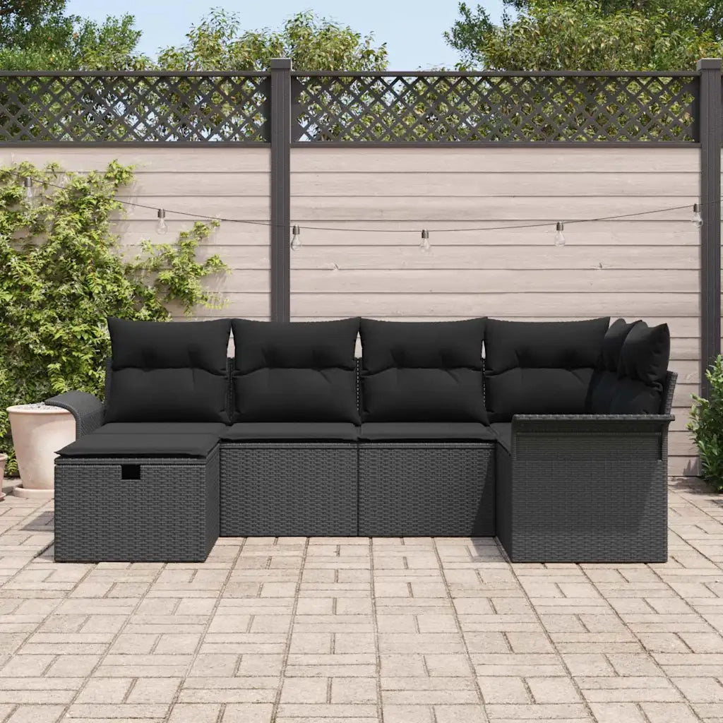 Set Divano da Giardino con cuscino 6 pcs Nero polyrattan
