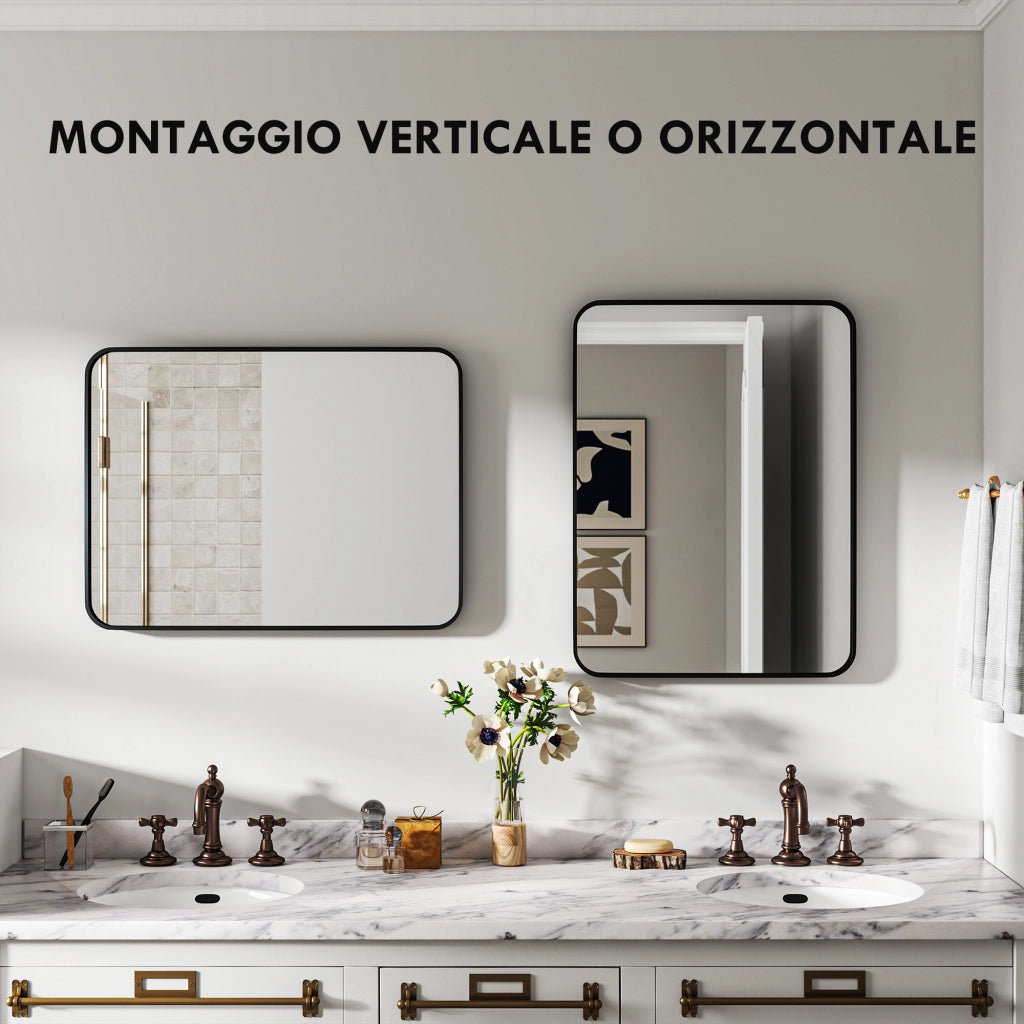 Specchio da Bagno 60x2.5x80 cm con Cornice in Metallo e Gancio Nero