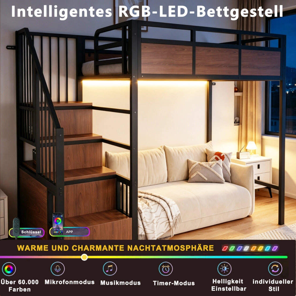 Letto a soppalco 90 × 200 cm con scala contenitore reversibile, led, senza materasso, in metallo e legno, nero