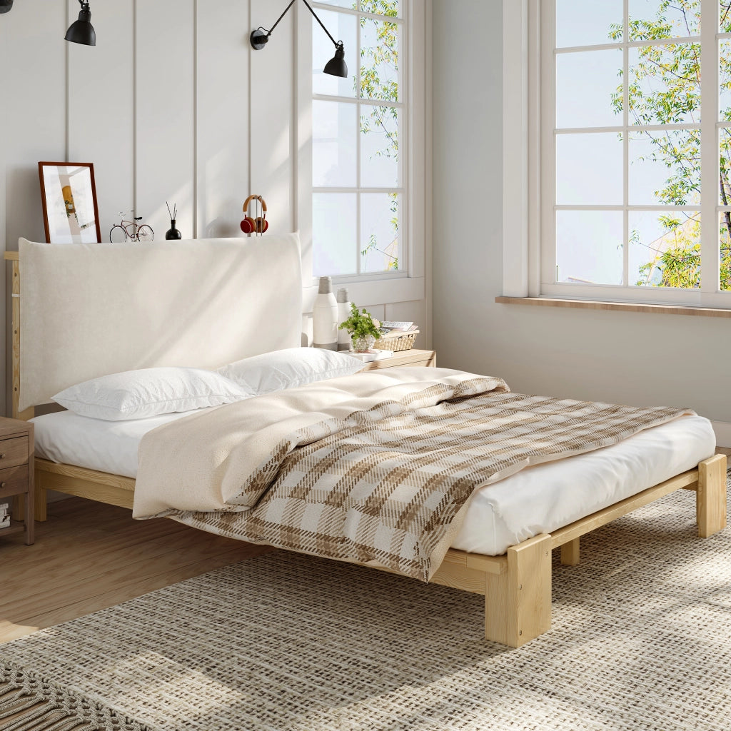 DESMIU Letto matrimoniale 2 posti con testiera imbottita, doghe stabili e gambe larghe, 140 × 200 cm, senza materasso