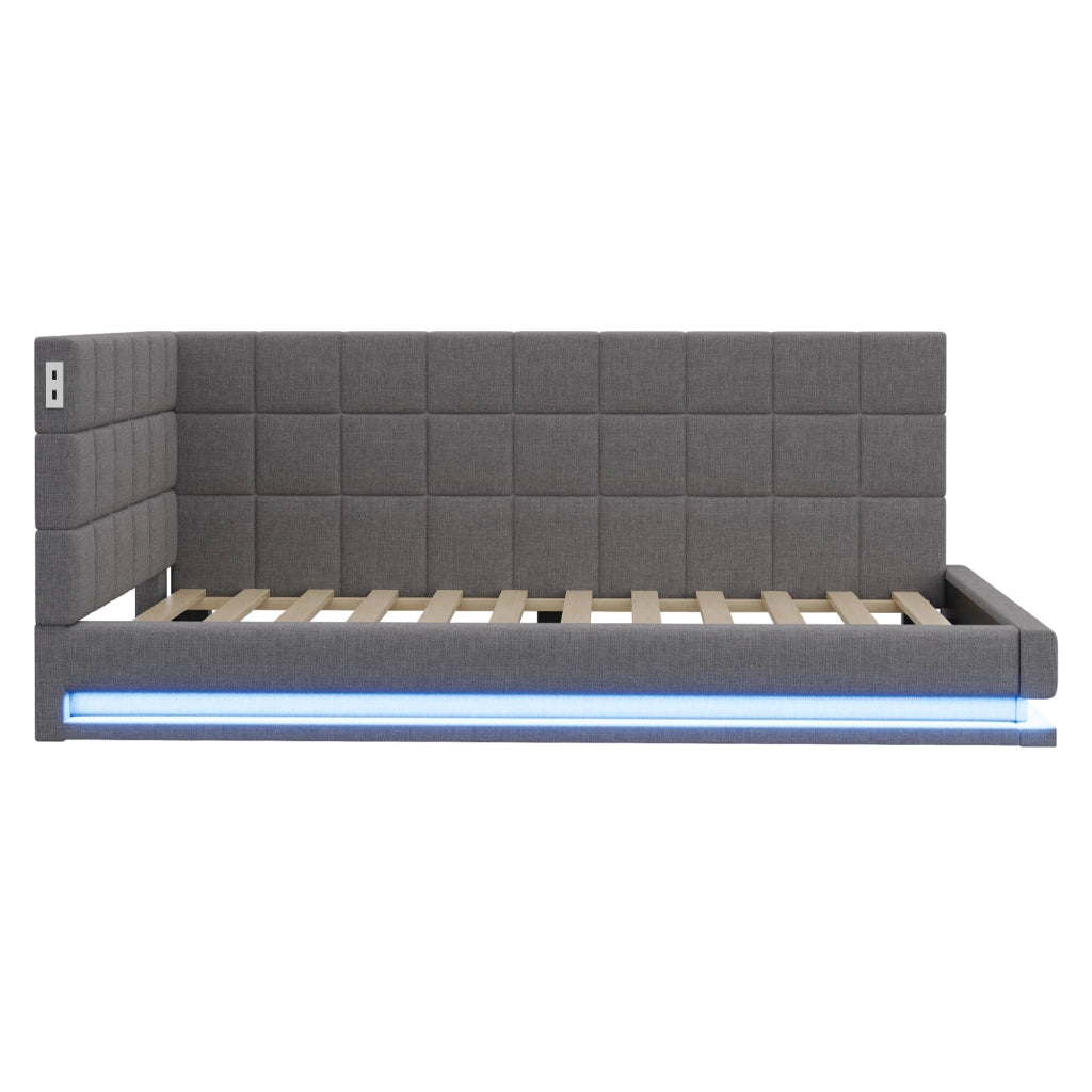 LETTO Divano 90x200 cm con LED, USB, rete a doghe, lino grigio