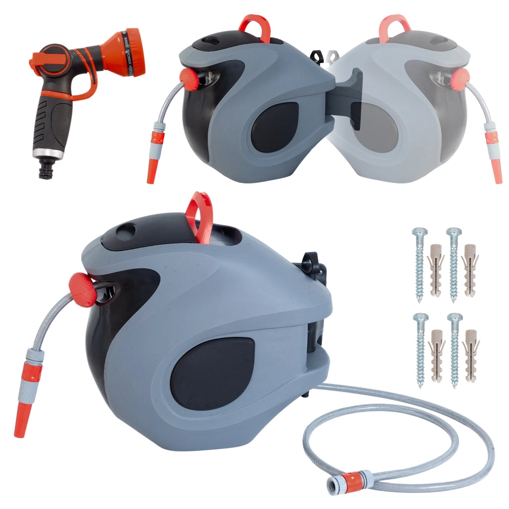 Avvolgitubo Automatico 30m con Staffa a Muro e Ugello 9 Funzioni ¨C MINIMAL ¨C Grigio/Rosso