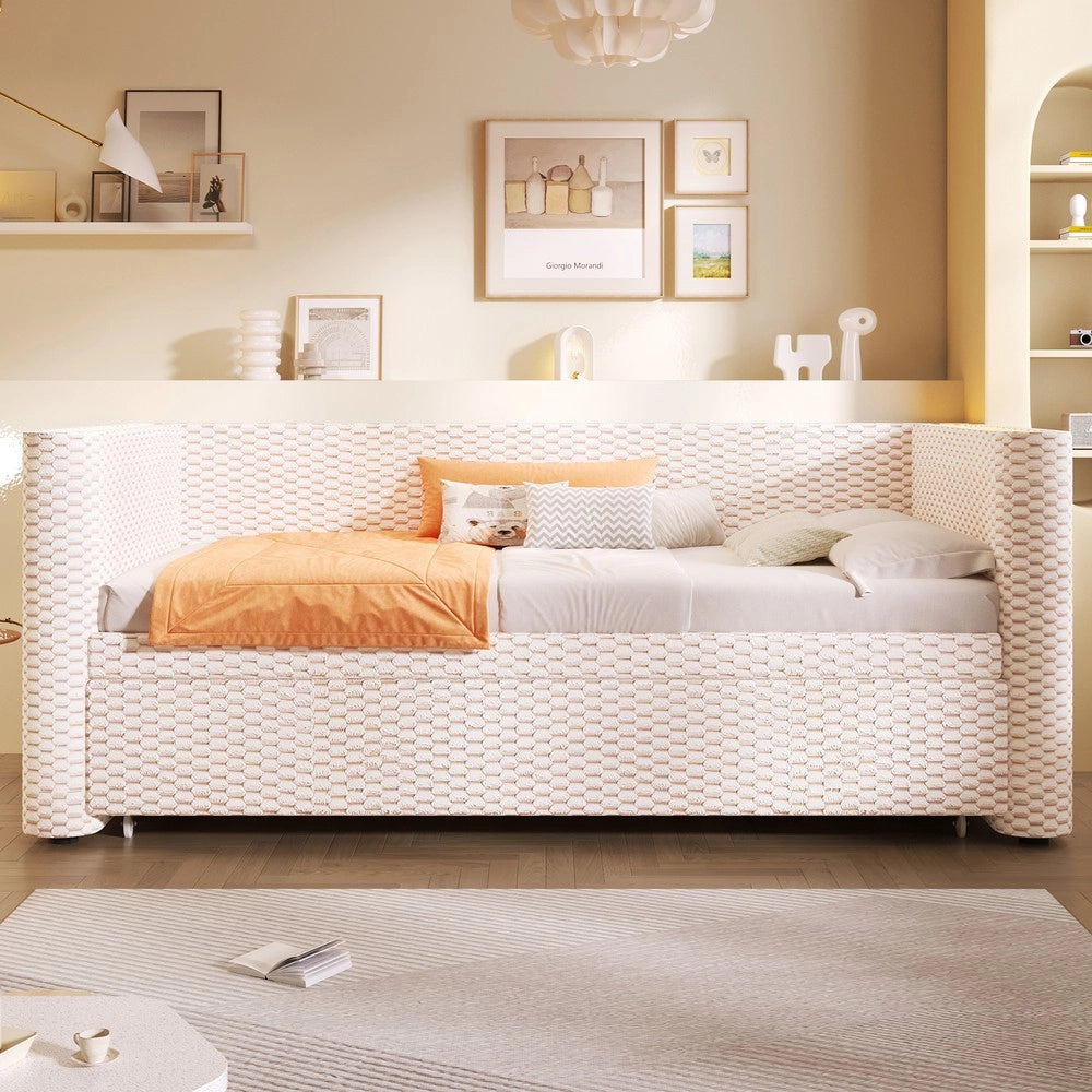 Letto di Giorno Estraibile con LED ¨C MINIMAL ¨C Velluto Beige, 90x200 / 180x200, Rete a Doghe