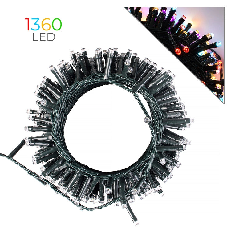 CATENA LUMINOSA CLUSTER 1360 LED MULTICOLORE SU CAVO VERDE DI 41mt A 36V - PERFETTA PER AVVOLGERE ALBERI DI NATALE ILLUMINARE FESTE ED ALTRI EVENTI SPECIALI