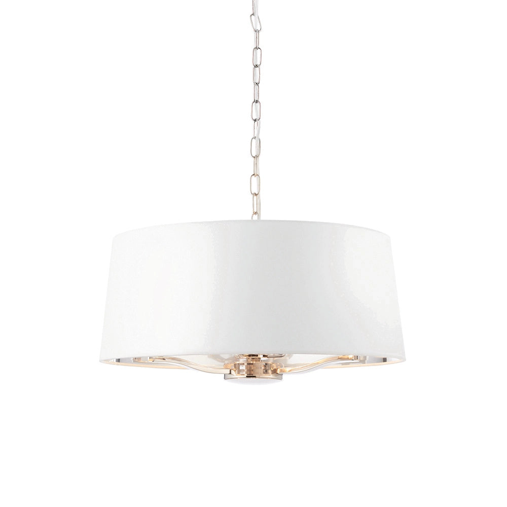 Lampada a sospensione 3 luci catena nichel paralume bianco E14