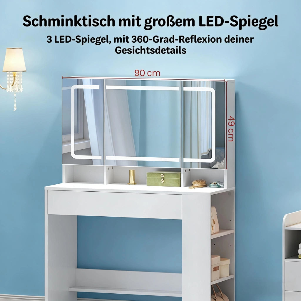Toeletta con specchio LED; cassetto; armadietti e vani aperti per camera da letto; in MDF e vetro; bianco; 90×40×135 cm