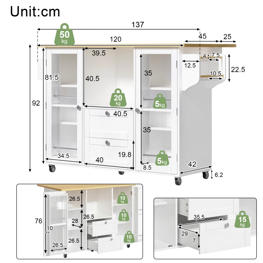 Isola da cucina su ruote con piano ribaltabile 120x45(70)x92 cm in MDF natural e bianco