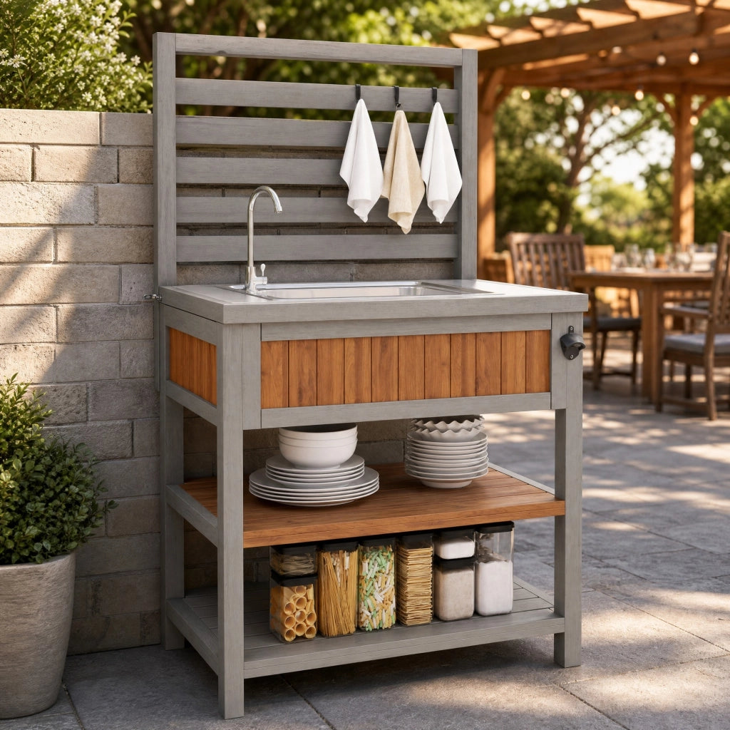 Mobile da esterno multifunzione con lavabo e rubinetto integrati; 80 x 51 x 148;5 cm in legno naturale