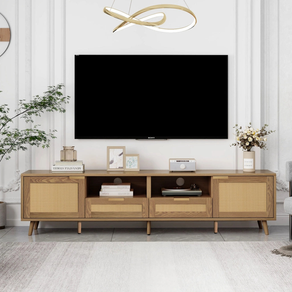 Mobile TV in truciolare effetto rovere con dettagli in rattan sintetico, 200x37x49 cm, 2 ante, 2 cassetti, gambe regolabili, montaggio facile